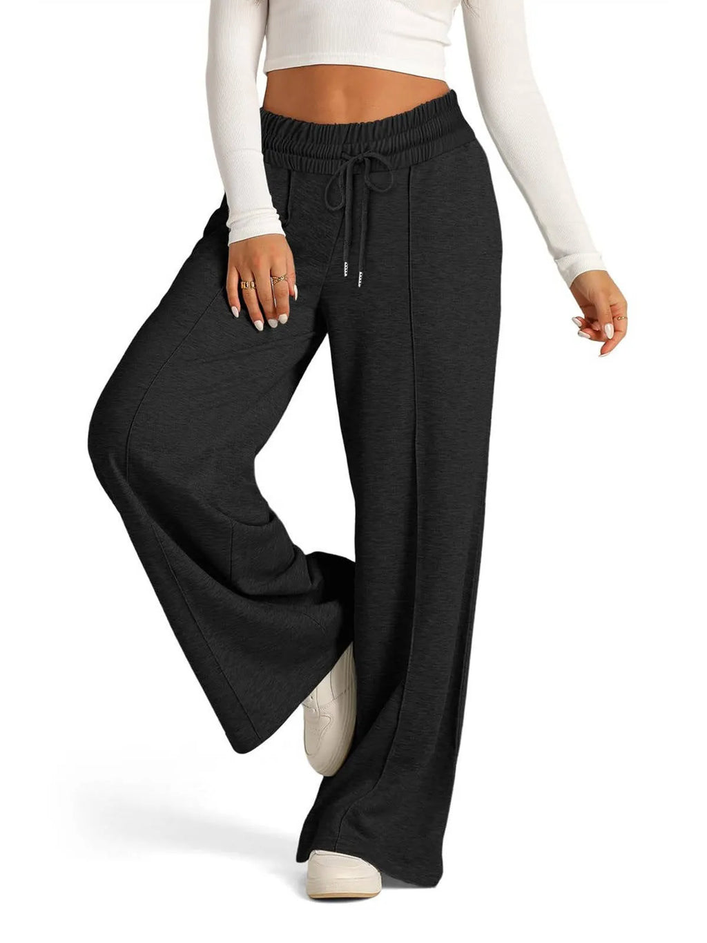 Women's Wide-Leg Sweatpants - High Waist Drawstring Lounge Pants with Pockets - Black