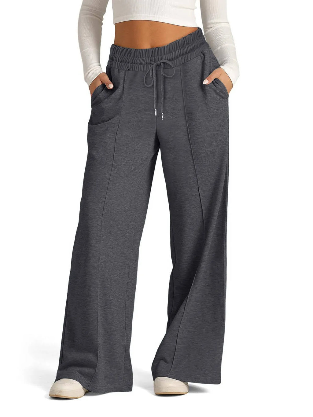 Women's Wide-Leg Sweatpants - High Waist Drawstring Lounge Pants with Pockets - Charcoal