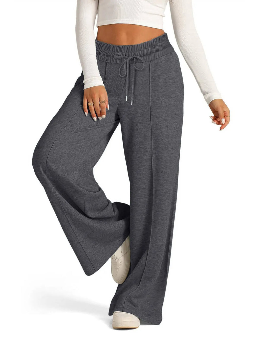 Women's Wide-Leg Sweatpants - High Waist Drawstring Lounge Pants with Pockets - Charcoal