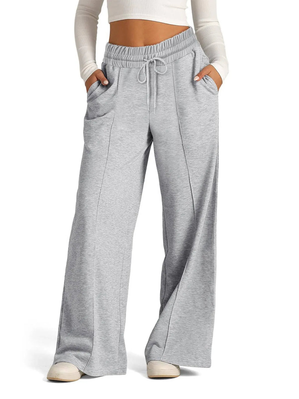 Women's Wide-Leg Sweatpants - High Waist Drawstring Lounge Pants with Pockets - Light Gray