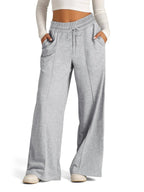 Women's Wide-Leg Sweatpants - High Waist Drawstring Lounge Pants with Pockets - Light Gray