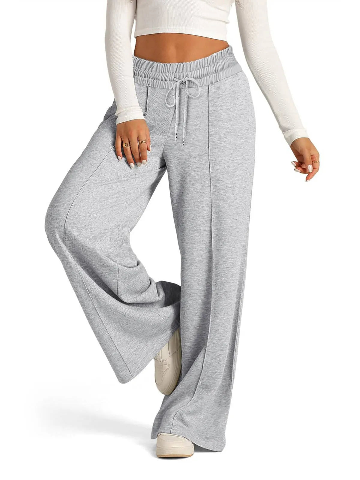 Women's Wide-Leg Sweatpants - High Waist Drawstring Lounge Pants with Pockets - Light Gray