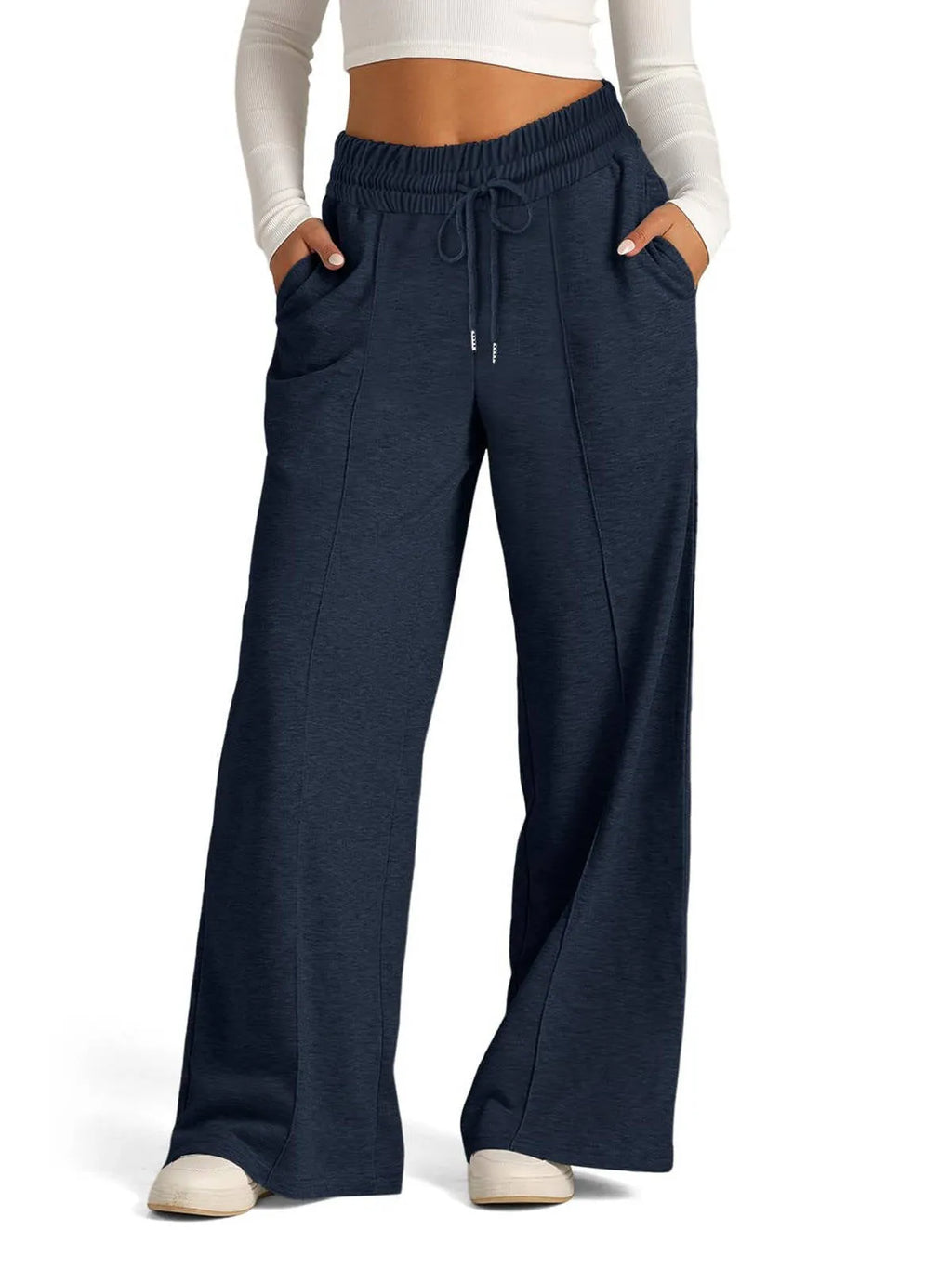 Women's Wide-Leg Sweatpants - High Waist Drawstring Lounge Pants with Pockets - Navy
