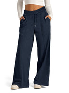 Women's Wide-Leg Sweatpants - High Waist Drawstring Lounge Pants with Pockets - Navy