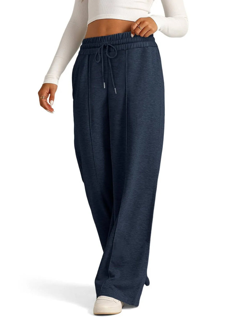 Women's Wide-Leg Sweatpants - High Waist Drawstring Lounge Pants with Pockets - Navy