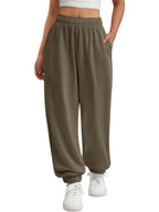 Women's Jogger Sweatpants - High Waist Baggy Lounge Pants with Pockets - Coffee