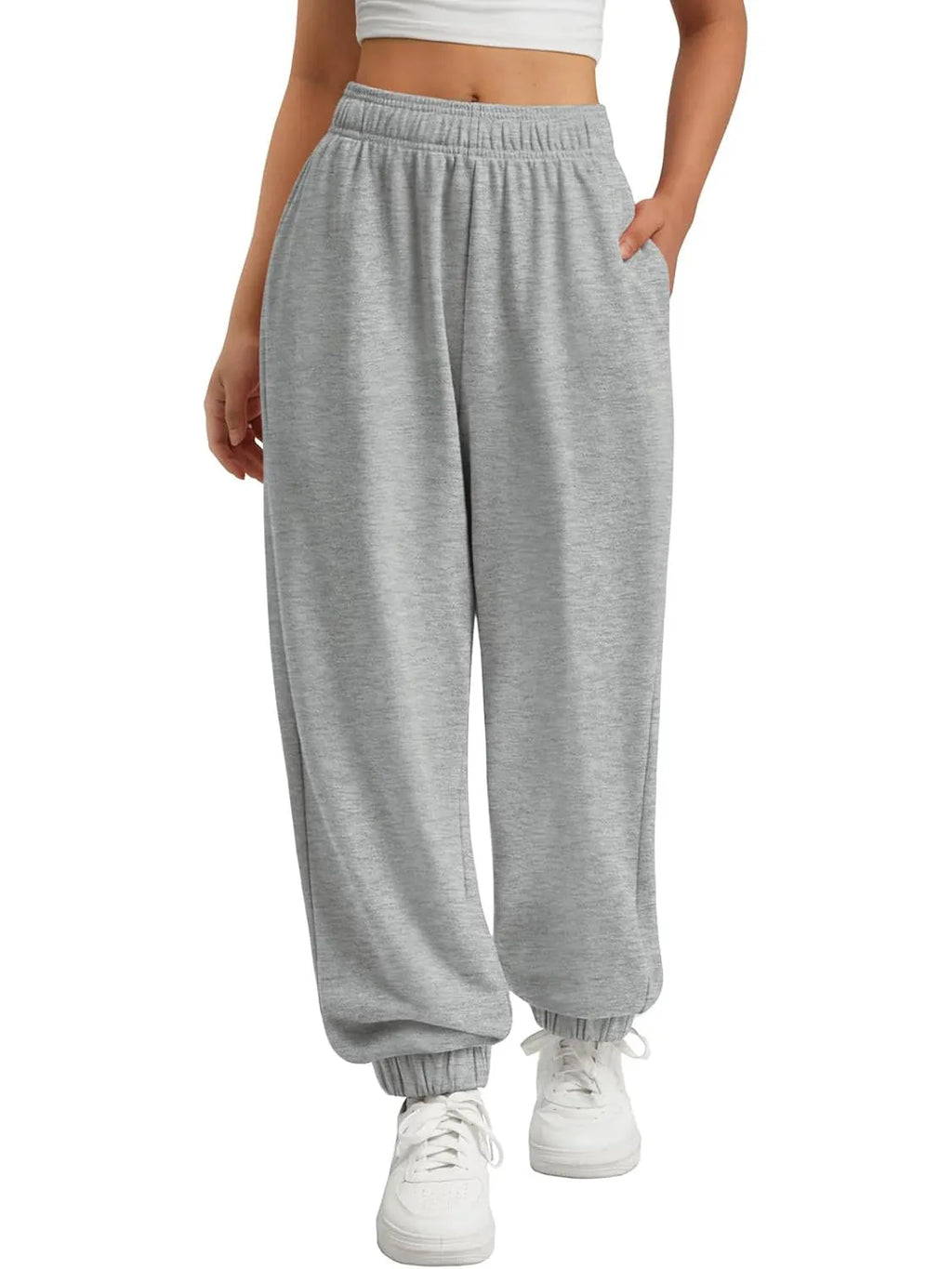 Women's Jogger Sweatpants - High Waist Baggy Lounge Pants with Pockets - Heather Gray