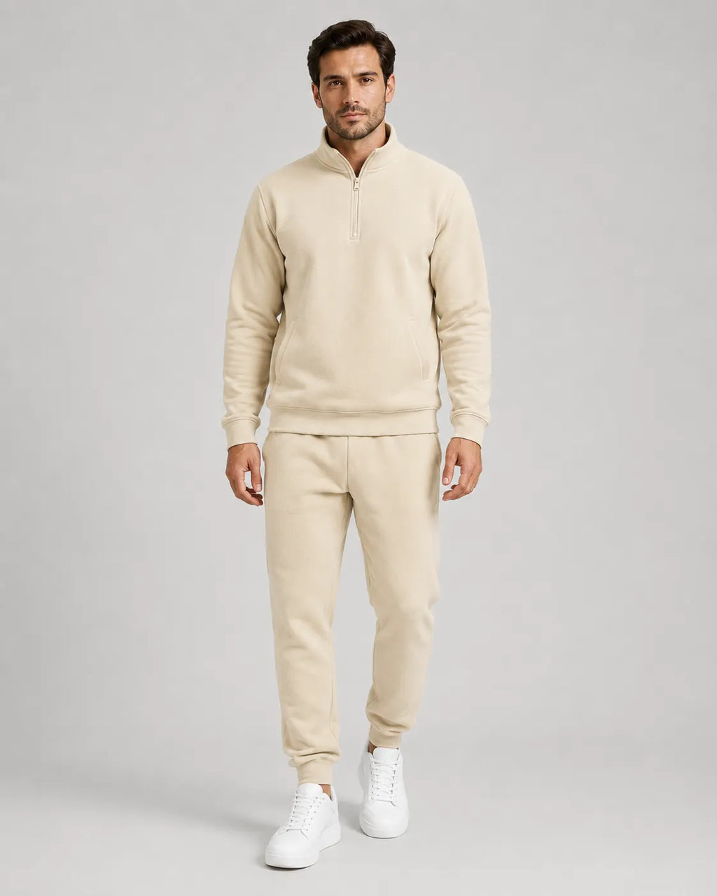 Men's Quarter-Zip Lounge Set - Brushed Fleece Pullover & Tapered Joggers - Beige
