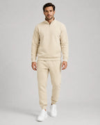Men's Quarter-Zip Lounge Set - Brushed Fleece Pullover & Tapered Joggers - Beige