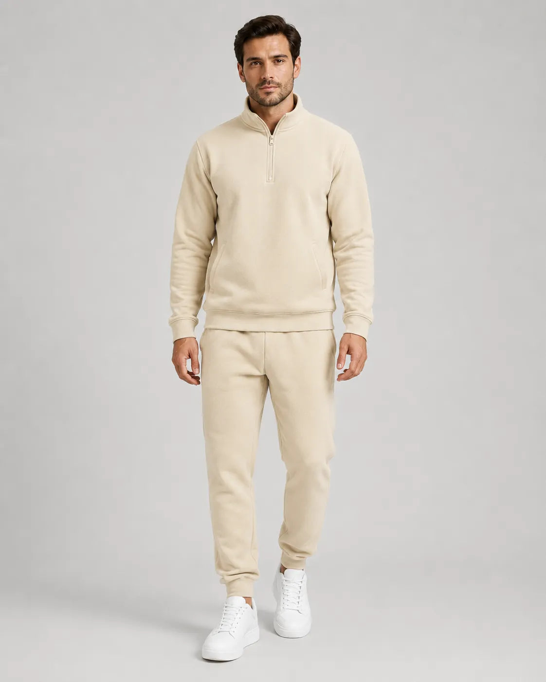 Men's Quarter-Zip Lounge Set - Brushed Fleece Pullover & Tapered Joggers - Beige