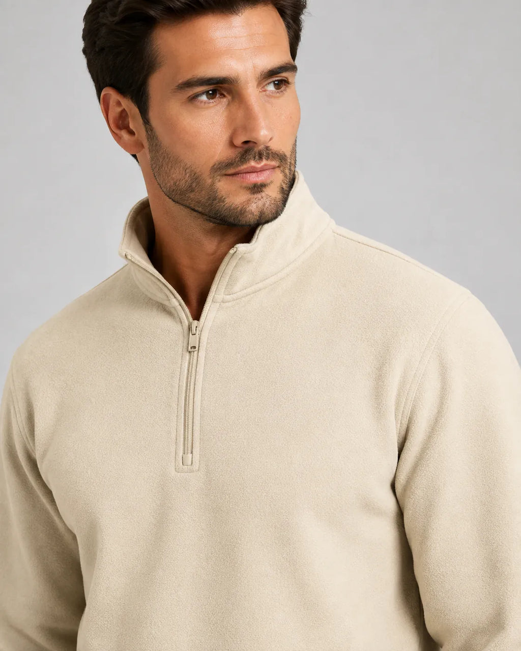 Men's Quarter-Zip Lounge Set - Brushed Fleece Pullover & Tapered Joggers - Beige