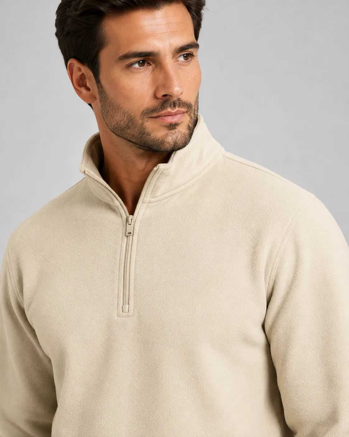 Men's Quarter-Zip Lounge Set - Brushed Fleece Pullover & Tapered Joggers - Beige