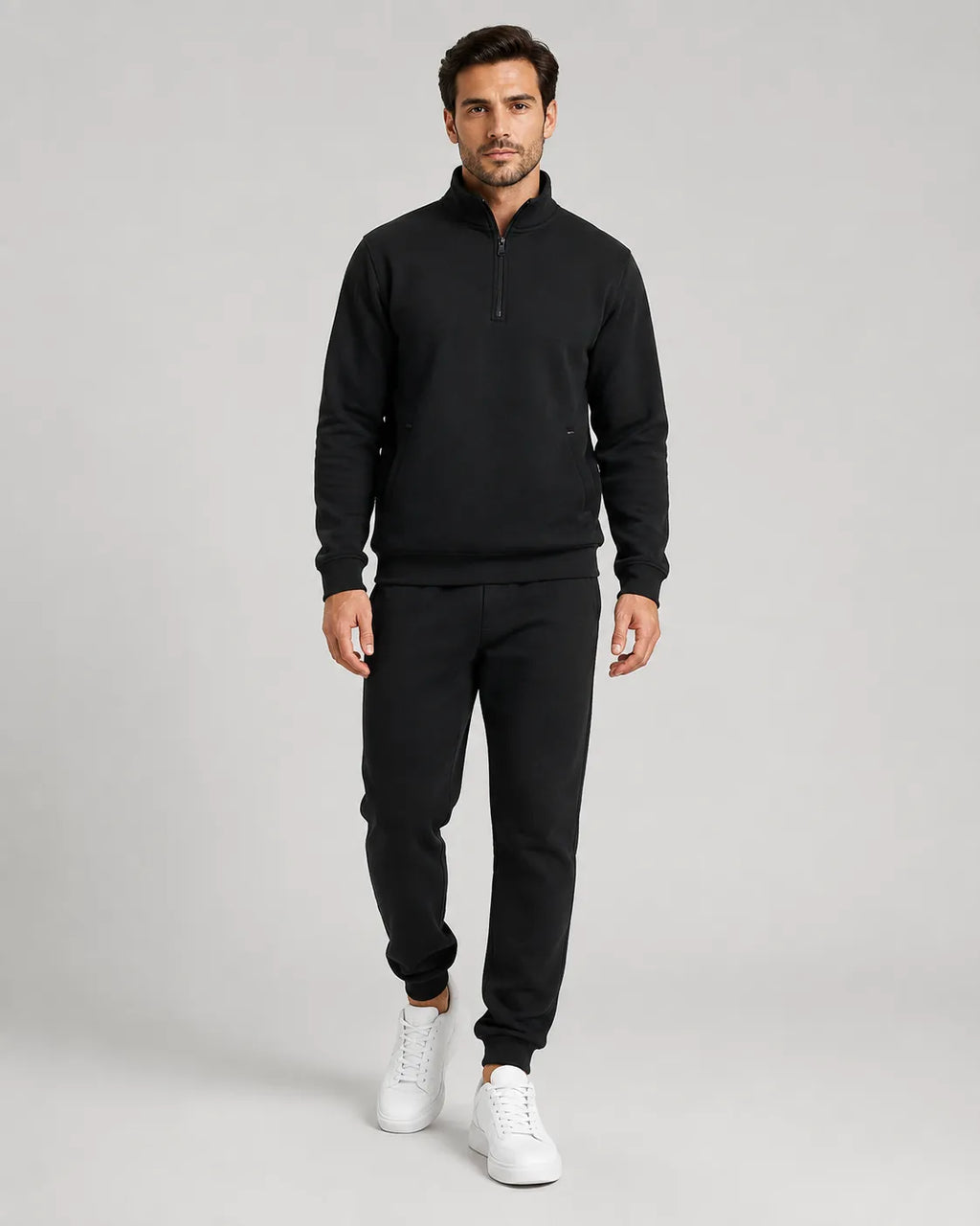 Men's Quarter-Zip Lounge Set - Brushed Fleece Pullover & Tapered Joggers - Black