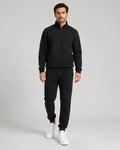 Men's Quarter-Zip Lounge Set - Brushed Fleece Pullover & Tapered Joggers - Black