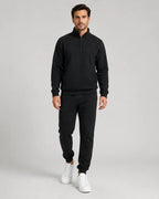 Men's Quarter-Zip Lounge Set - Brushed Fleece Pullover & Tapered Joggers - Black