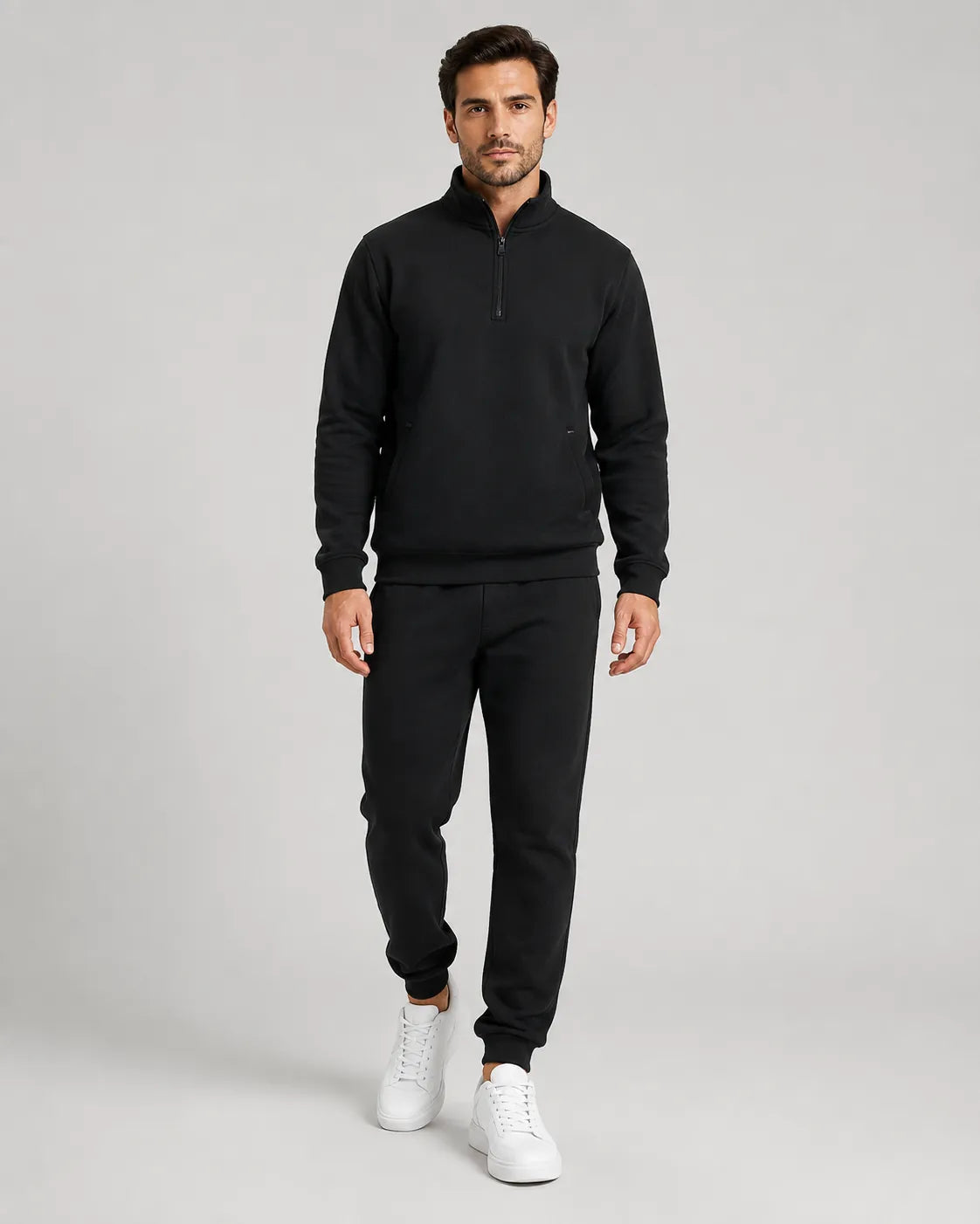 Men's Quarter-Zip Lounge Set - Brushed Fleece Pullover & Tapered Joggers - Black