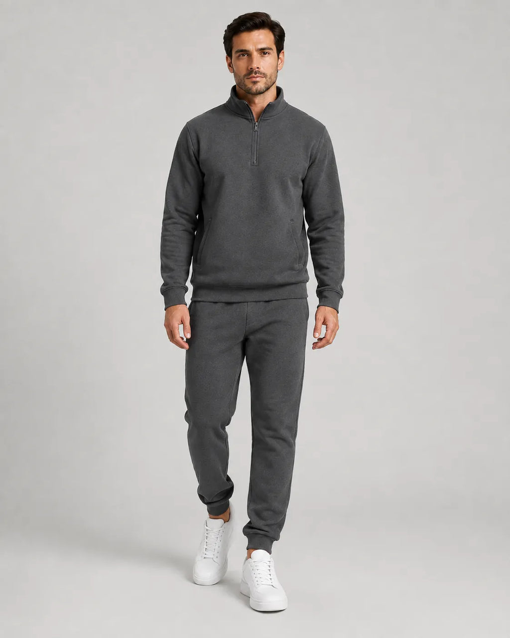 Men's Quarter-Zip Lounge Set - Brushed Fleece Pullover & Tapered Joggers - Charcoal