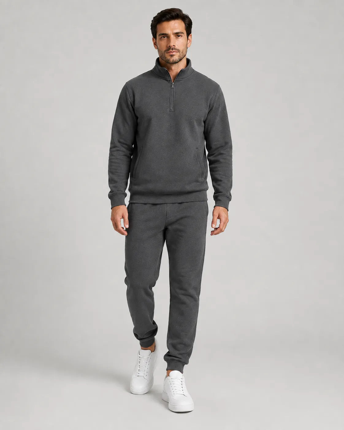Men's Quarter-Zip Lounge Set - Brushed Fleece Pullover & Tapered Joggers - Charcoal
