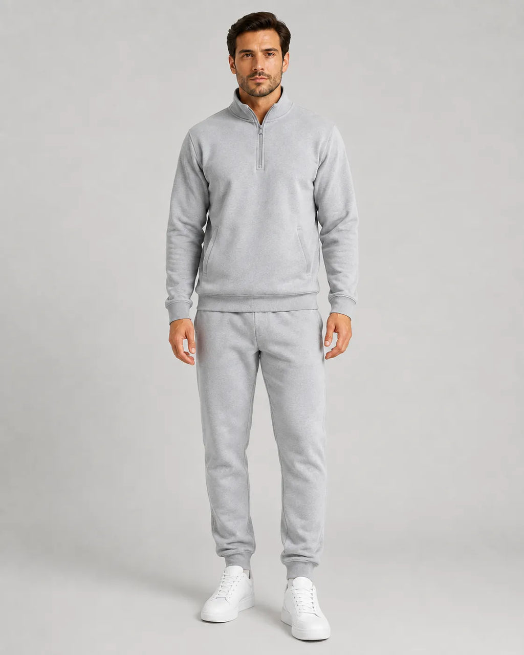 Men's Quarter-Zip Lounge Set - Brushed Fleece Pullover & Tapered Joggers - Heather Gray