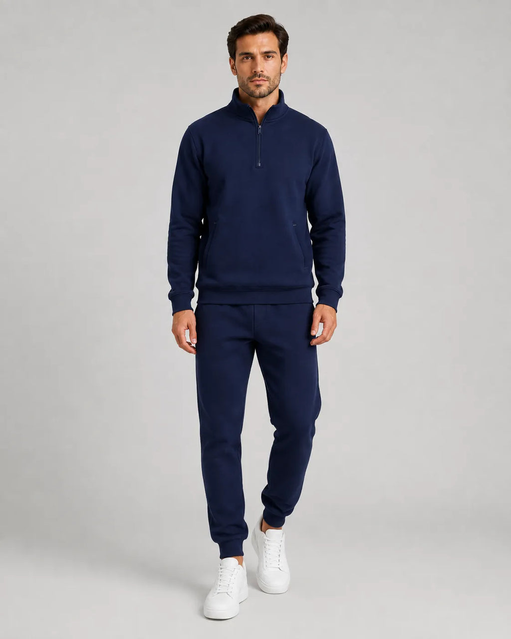 Men's Quarter-Zip Lounge Set - Brushed Fleece Pullover & Tapered Joggers - Navy