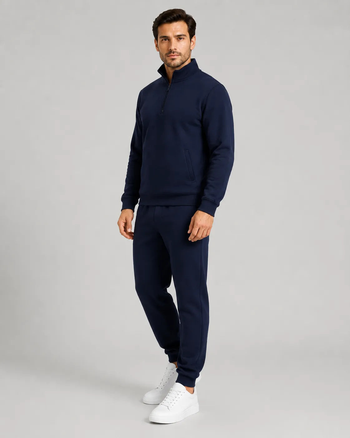Men's Quarter-Zip Lounge Set - Brushed Fleece Pullover & Tapered Joggers - Navy