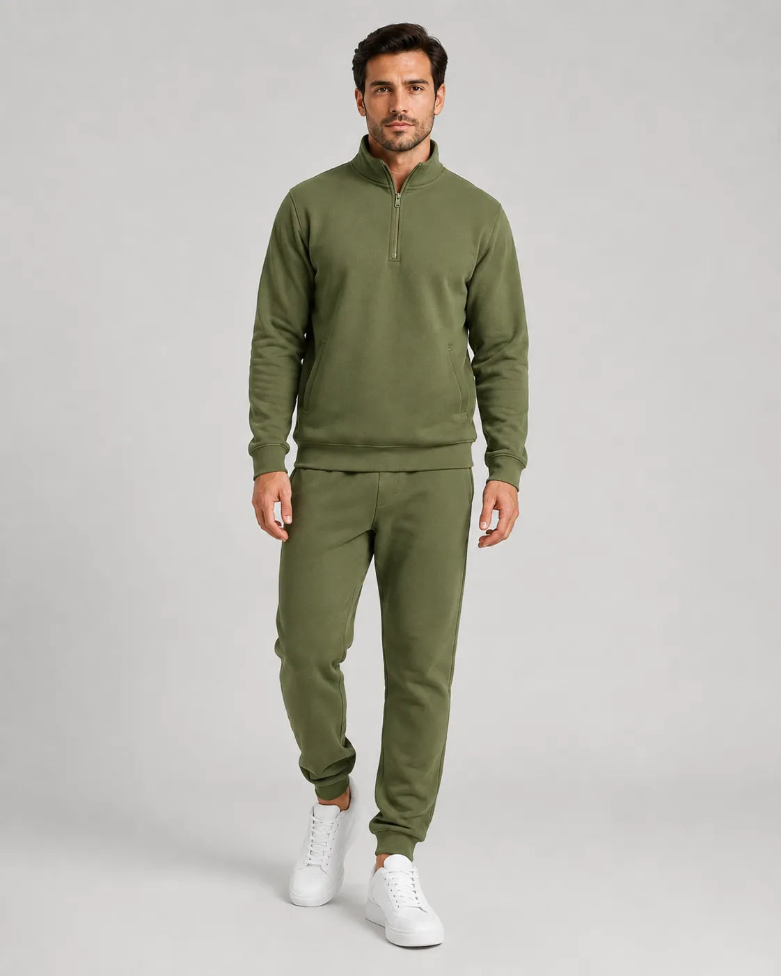 Men's Quarter-Zip Lounge Set - Brushed Fleece Pullover & Tapered Joggers - Olive