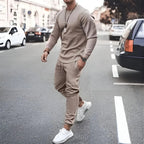 Men's Two-Piece Lounge Set - Long Sleeve Top & Tapered Joggers with Ribbed Cuffs - Beige