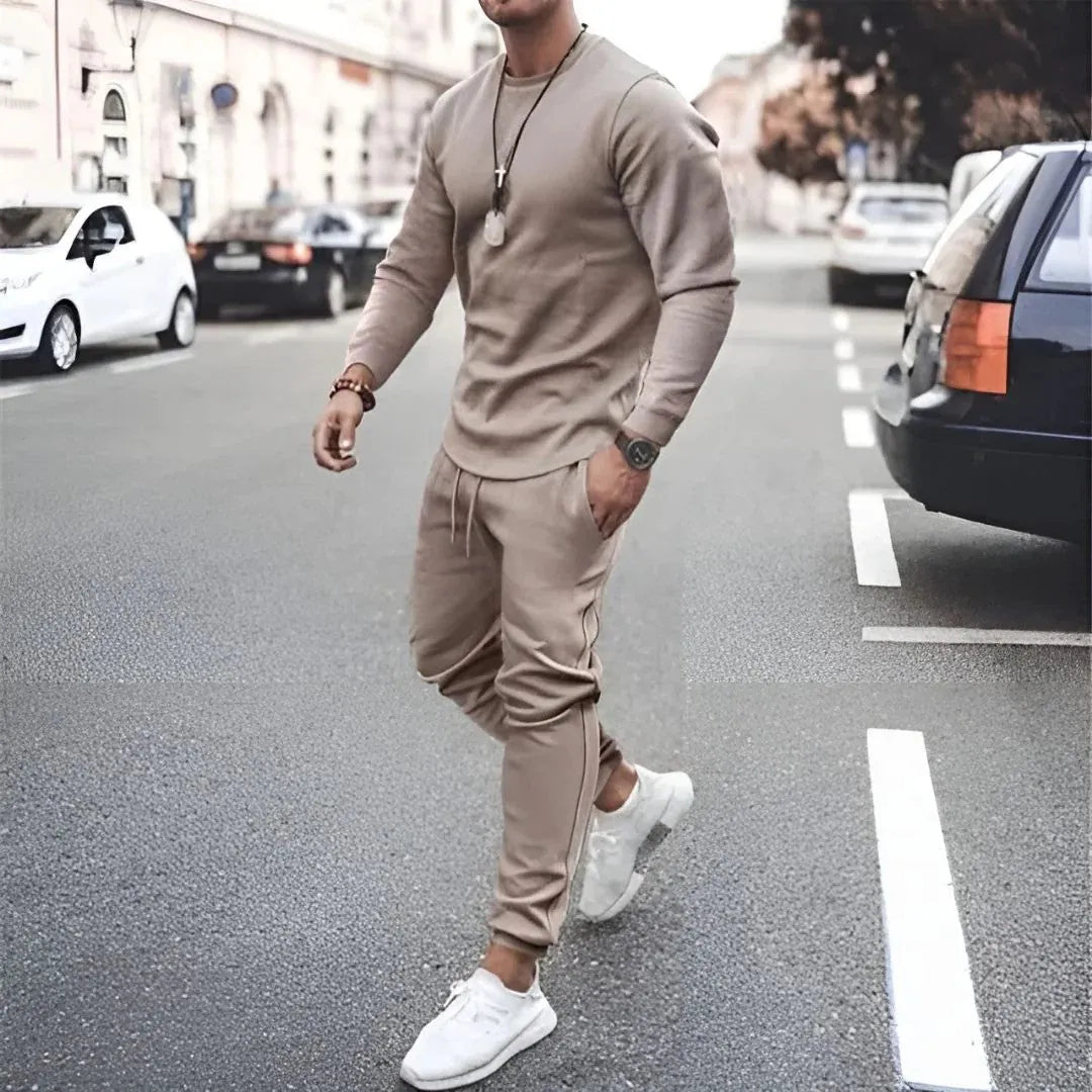 Men's Two-Piece Lounge Set - Long Sleeve Top & Tapered Joggers with Ribbed Cuffs - Beige