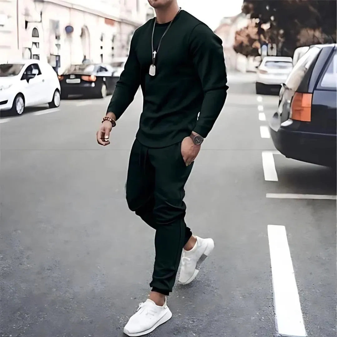 Men's Two-Piece Lounge Set - Long Sleeve Top & Tapered Joggers with Ribbed Cuffs - Black