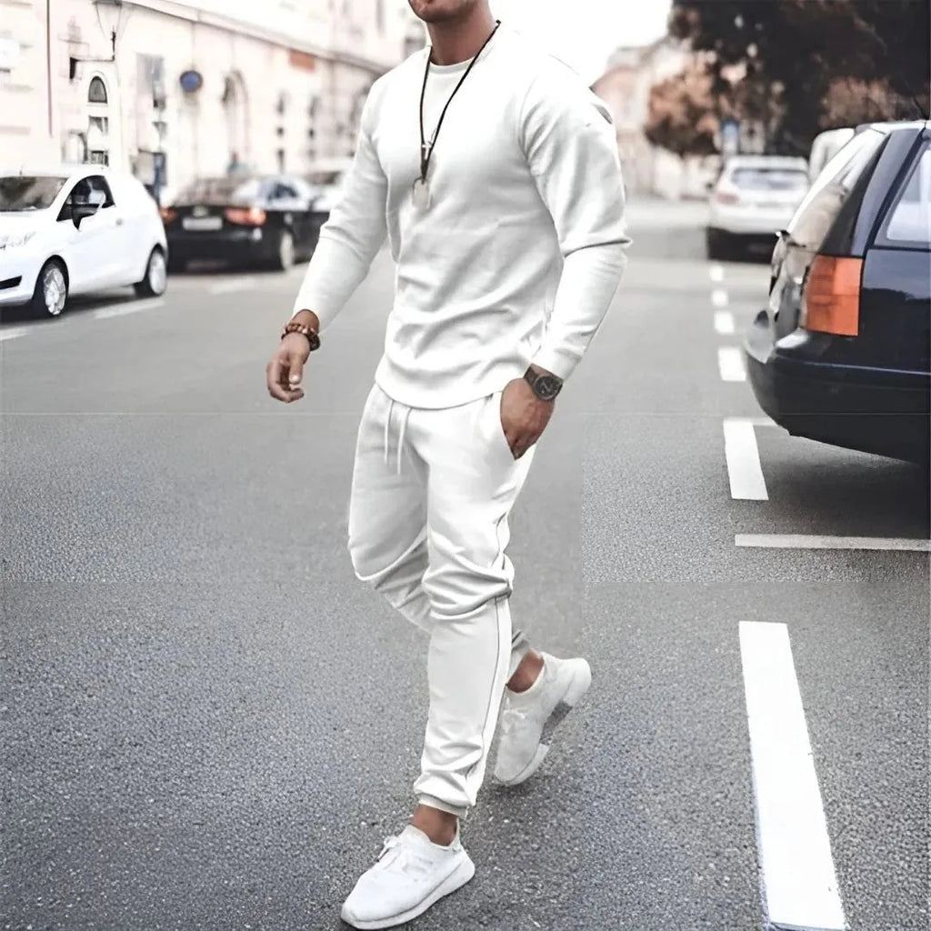 Men's Two-Piece Lounge Set - Long Sleeve Top & Tapered Joggers with Ribbed Cuffs - White
