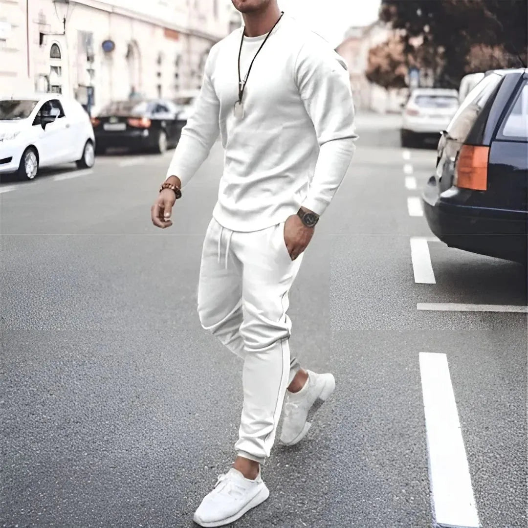 Men's Two-Piece Lounge Set - Long Sleeve Top & Tapered Joggers with Ribbed Cuffs - White