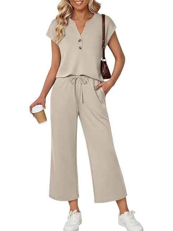 Women's Henley Lounge Set - Short Sleeve V-Neck Top & Cropped Wide-Leg Pants - Beige