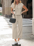 Women's Henley Lounge Set - Short Sleeve V-Neck Top & Cropped Wide-Leg Pants - Beige