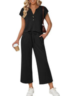 Women's Henley Lounge Set - Short Sleeve V-Neck Top & Cropped Wide-Leg Pants - Black