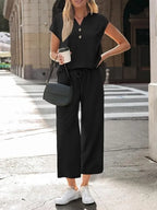 Women's Henley Lounge Set - Short Sleeve V-Neck Top & Cropped Wide-Leg Pants - Black