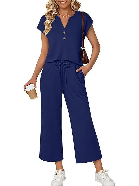 Women's Henley Lounge Set - Short Sleeve V-Neck Top & Cropped Wide-Leg Pants - Navy