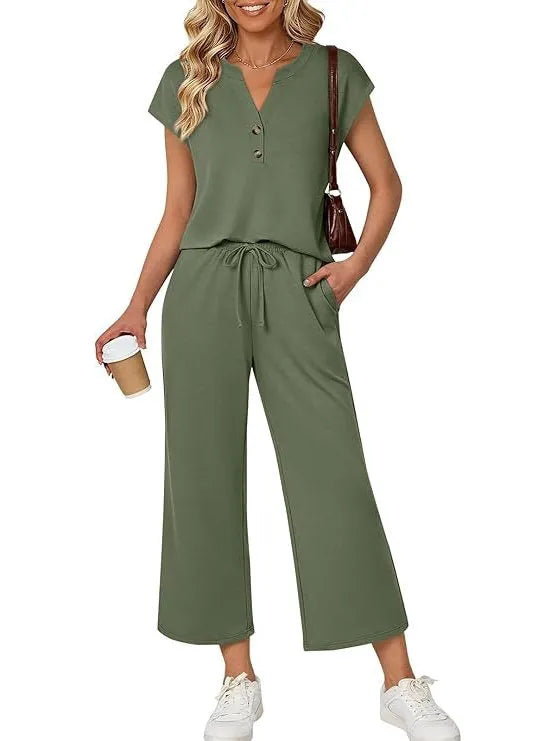 Women's Henley Lounge Set - Short Sleeve V-Neck Top & Cropped Wide-Leg Pants - Sage Green