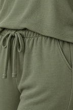 Women's Henley Lounge Set - Short Sleeve V-Neck Top & Cropped Wide-Leg Pants - Sage Green