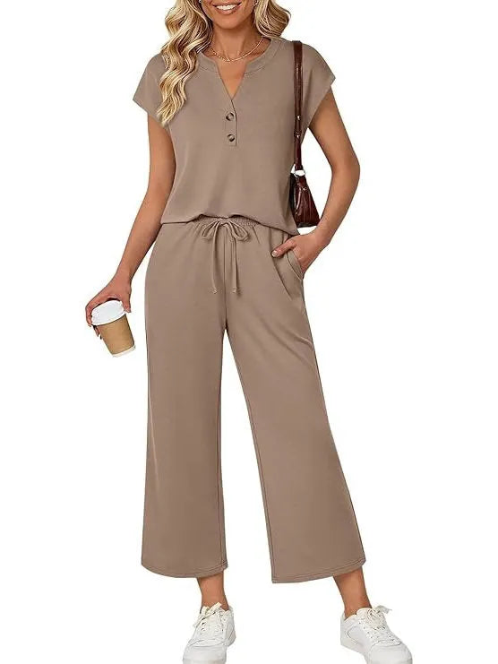 Women's Henley Lounge Set - Short Sleeve V-Neck Top & Cropped Wide-Leg Pants - Taupe
