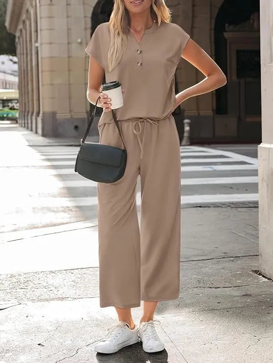Women's Henley Lounge Set - Short Sleeve V-Neck Top & Cropped Wide-Leg Pants - Taupe