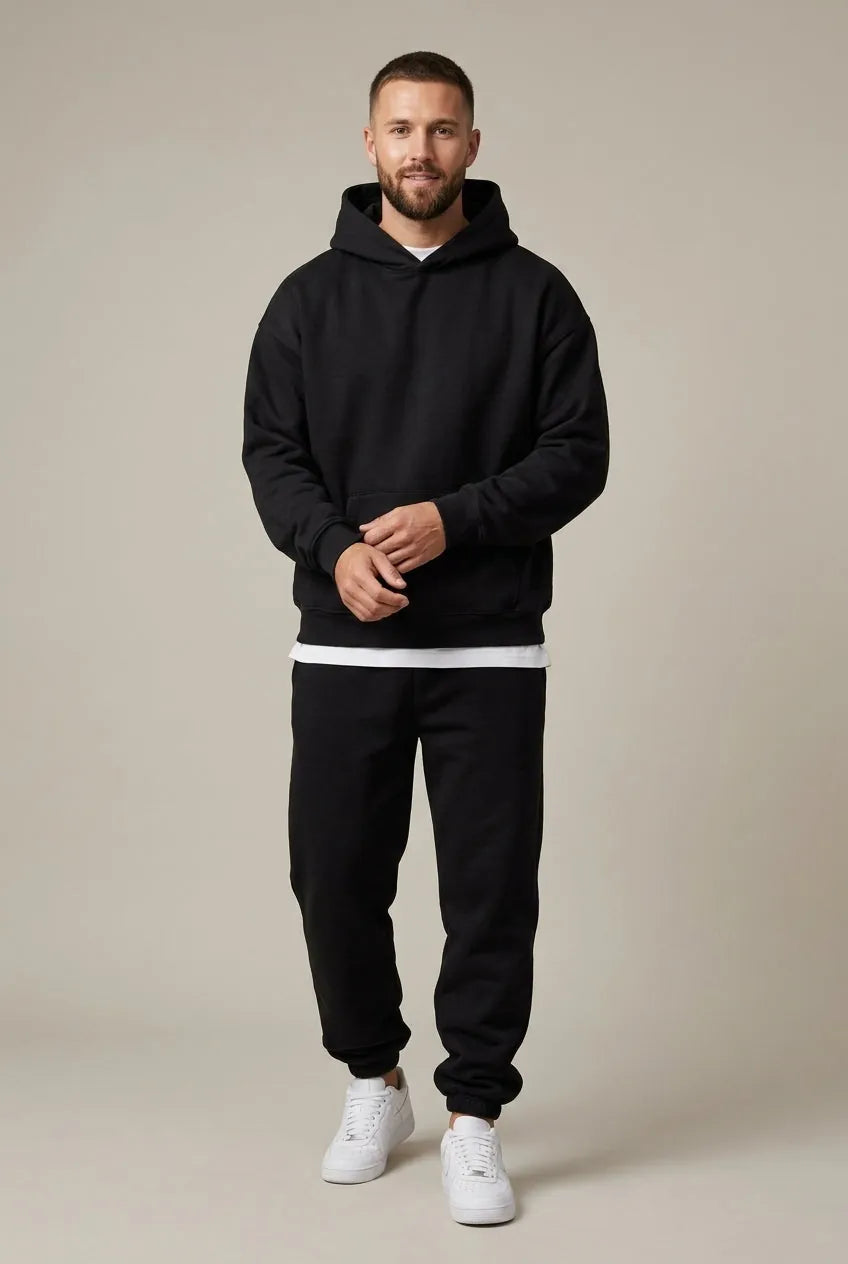 Men's Hoodie Lounge Set - Oversized Hoodie & Cuffed Joggers - Black
