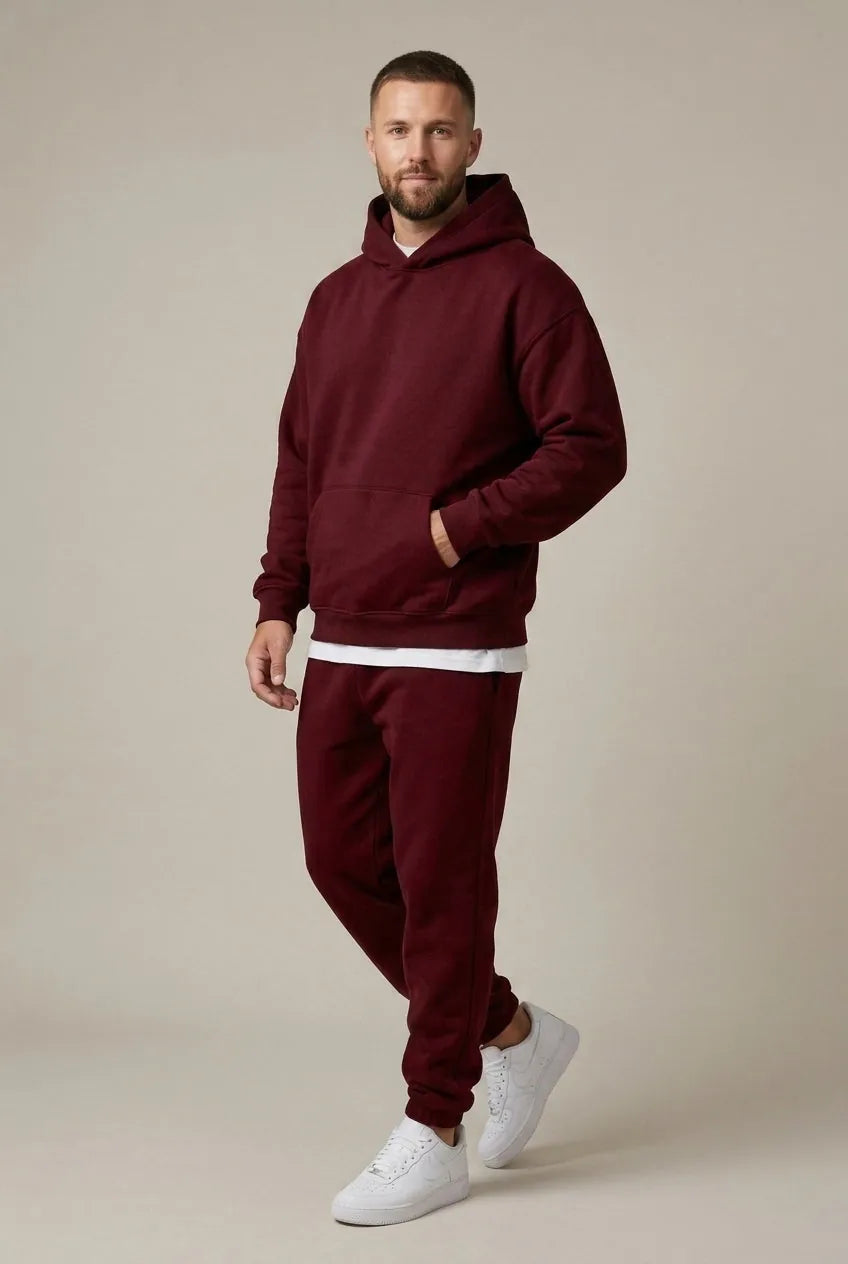 Men's Hoodie Lounge Set - Oversized Hoodie & Cuffed Joggers - Burgundy
