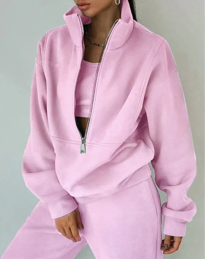 Women's Half-Zip Lounge Set - Oversized Sweatshirt & Tapered Joggers - Pink