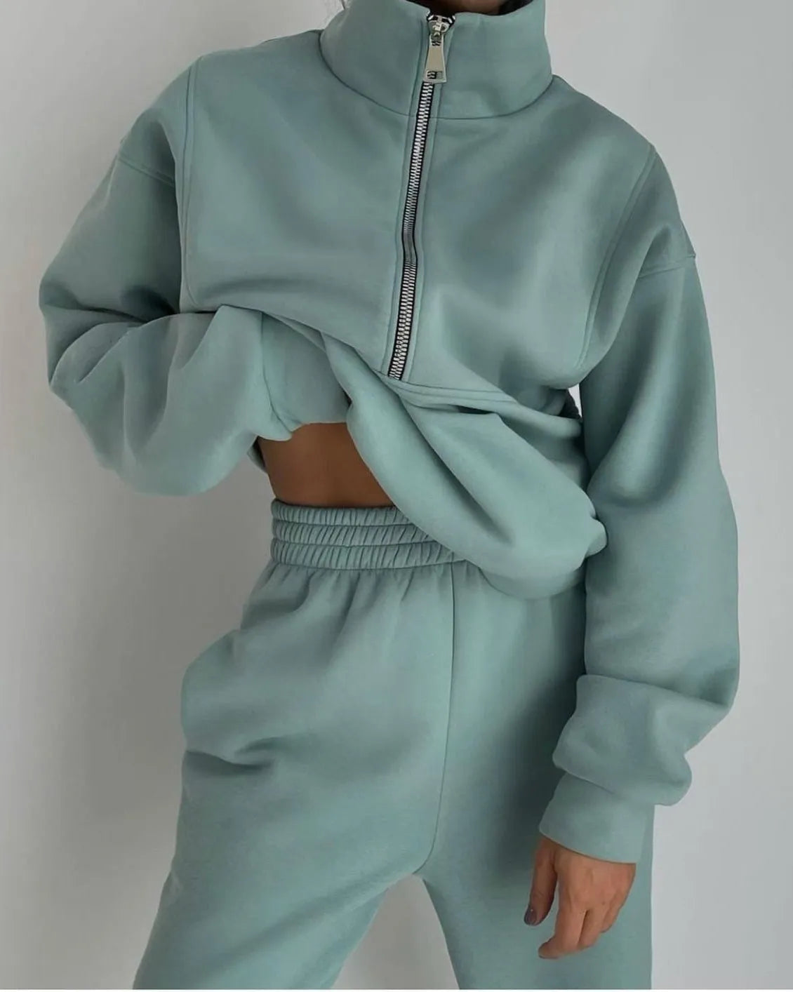 Women's Half-Zip Lounge Set - Oversized Sweatshirt & Tapered Joggers - Mint