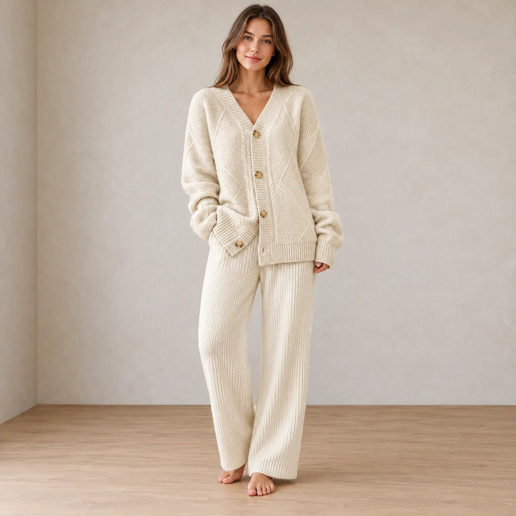Button Front Cardigan - Women's V Neck Long Sleeve Textured Knit Cardigan - Beige