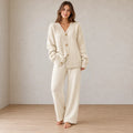 Button Front Cardigan - Women's V Neck Long Sleeve Textured Knit Cardigan - Beige