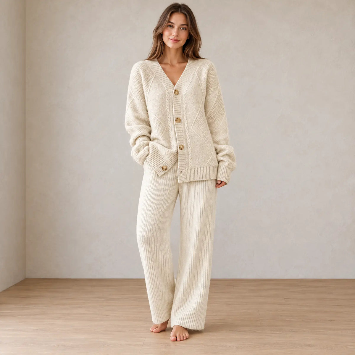 Button Front Cardigan - Women's V Neck Long Sleeve Textured Knit Cardigan - Beige