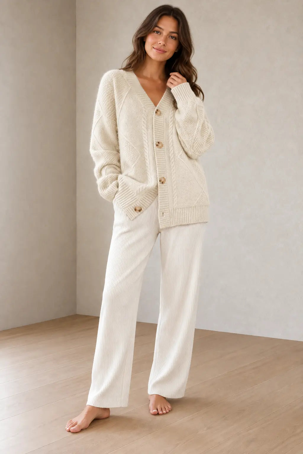 Button Front Cardigan - Women's V Neck Long Sleeve Textured Knit Cardigan - Beige