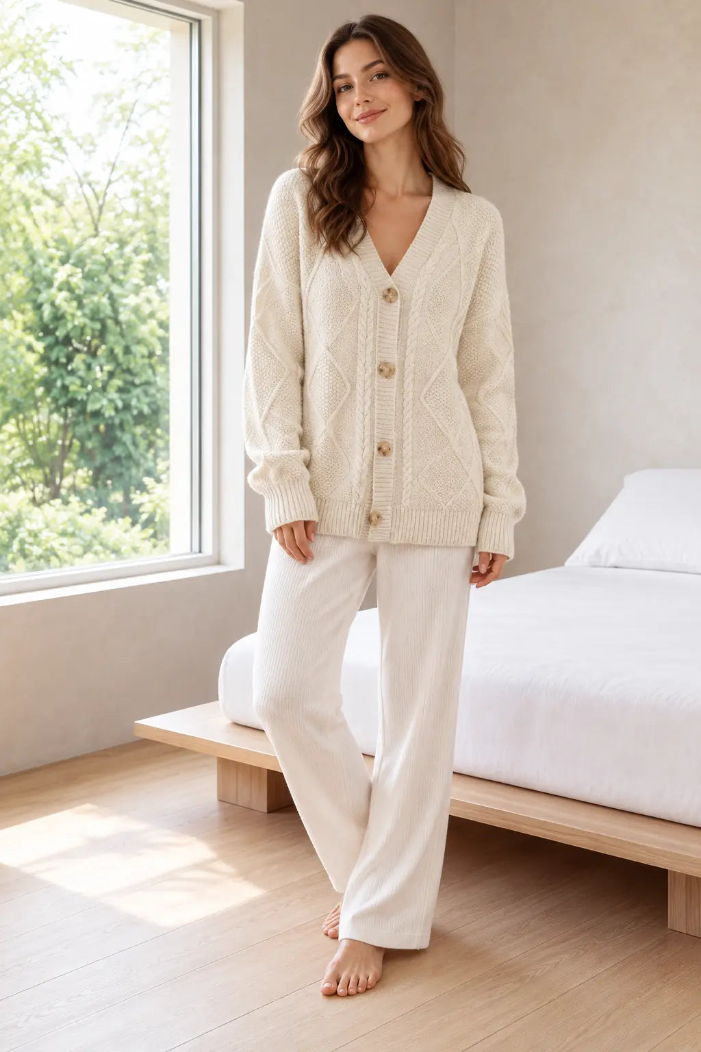 Button Front Cardigan - Women's V Neck Long Sleeve Textured Knit Cardigan - Beige