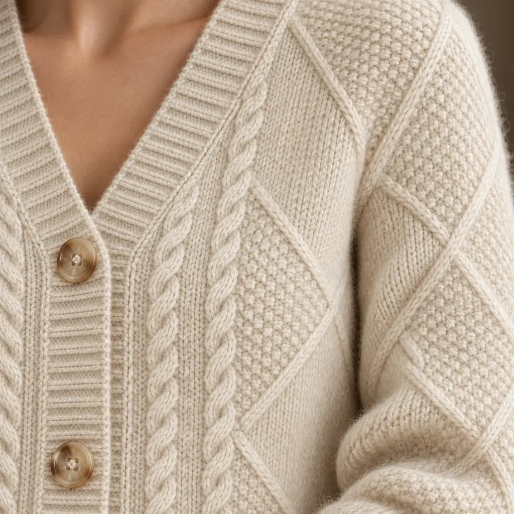 Button Front Cardigan - Women's V Neck Long Sleeve Textured Knit Cardigan - Beige